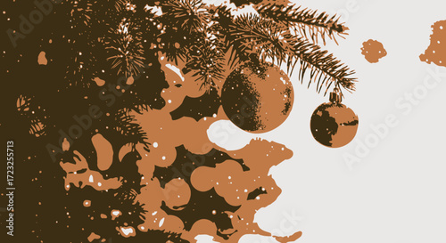 Stylized Christmas tree branches with ornaments, sepia-toned, abstract design.