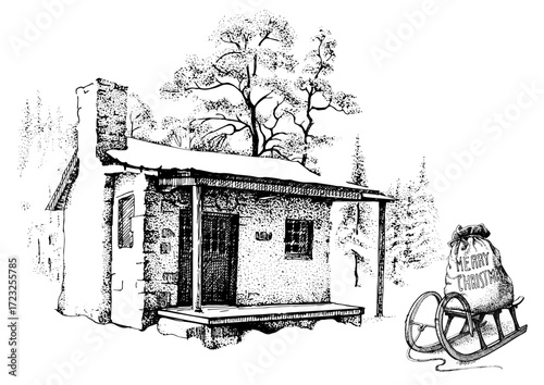 Winter landscape, Christmas spirit. The illustration is either a line drawing or an engraving.