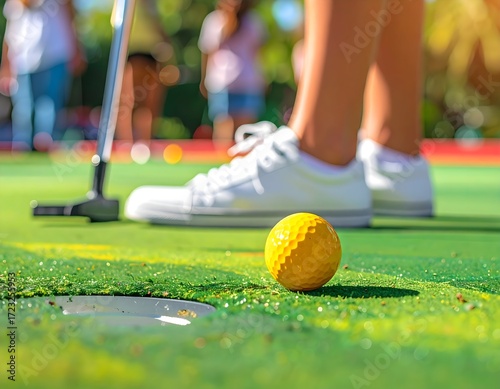 Close-up of a yellow golf ball on a miniature golf green, with white shoes and a putter in the background