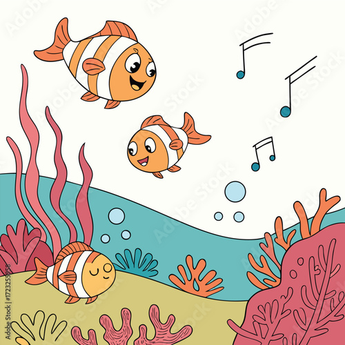 Whimsical underwater concert scene featuring smiling emojis performing music amidst vibrant coral reefs and playful fish perfect for creative projects