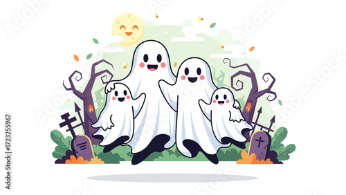Friendly Ghosts Halloween: A heartwarming illustration depicts a family of adorable ghosts, exuding joy and unity, against a backdrop of a whimsical Halloween scene, the full moon shining bright.