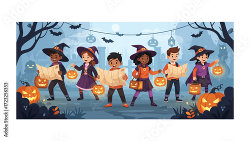 Halloween Expedition: A group of young adventurers dressed in costumes and holding lanterns ready to embrace the night of thrill and mystery. A vibrant depiction perfect for seasonal promotions.