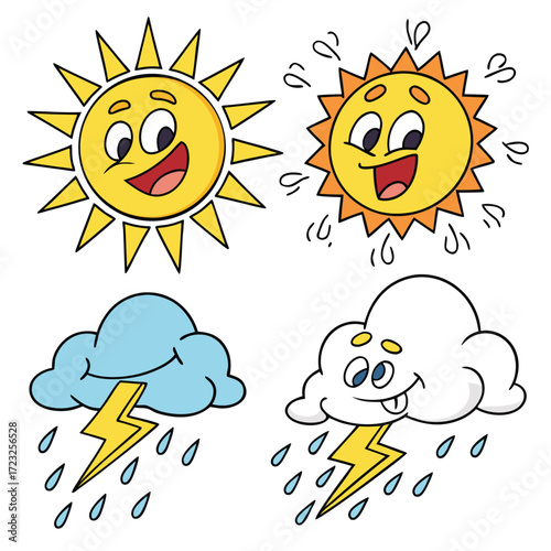 Collection of cheerful weather emojis with vibrant dynamic sky backgrounds perfect for digital interfaces and creative projects