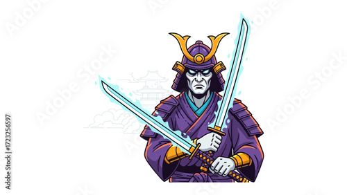 Enigmatic Samurai with Twin Blades: A digital illustration depicts a stoic samurai clad in traditional attire, wielding two gleaming blades, ready for battle.
