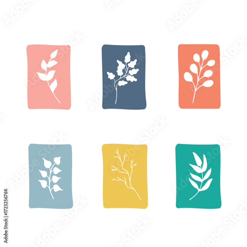 Silhouettes of leaves, twigs, herbs, plants on colorful backgrounds. Organic, natural tags editable