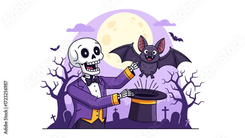Magical Halloween Illustration: A whimsical illustration depicts a cheerful skeleton magician conjuring a charming bat from a top hat, with a full moon and spooky graveyard in the backdrop. 