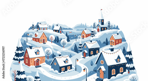A whimsical illustration of a snow-covered village nestled on a hill, with various houses and a church.