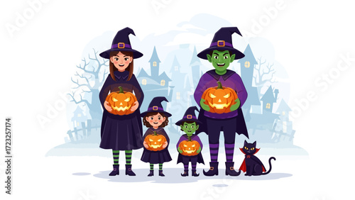 A Halloween Gathering of Witches and Pumpkins: A family of witches, complete with pointy hats and carved pumpkins, gather against the backdrop of a haunted house.