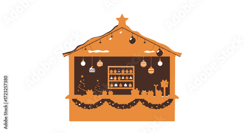 Ornate, wooden Christmas market stall, decorated with ornaments and garlands.