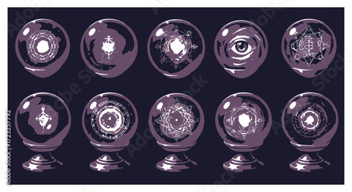Illustration of ten crystal balls displaying various intricate patterns, arranged in rows.
