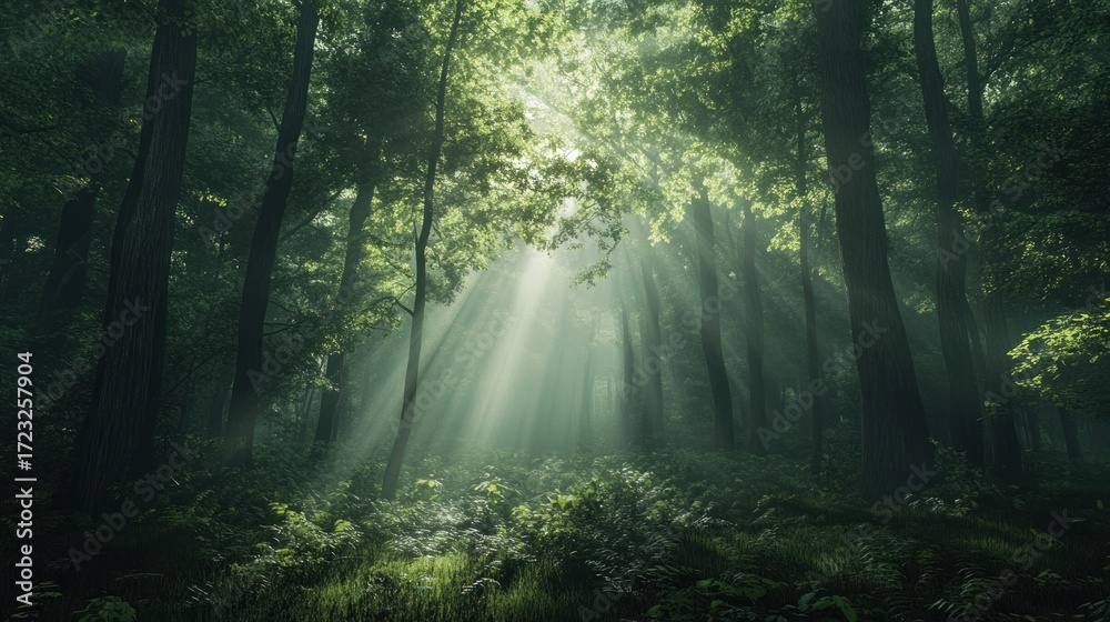 Fototapeta premium Dark wood forest background sunlight green trees.
