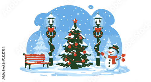 Festive winter scene featuring a decorated Christmas tree, snowman, and snow-covered landscape.