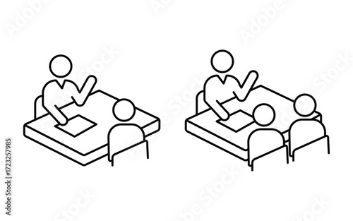 meeting with two and three people sitting around a square table in a conference room. business meeting icon communication. Business conference, planning, and presentation.