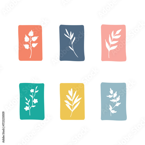 White silhouettes of leaves, herbs, plants on colorful backgrounds. Organic, eco tags. Sketch design
