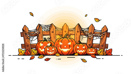 Spooky Pumpkins and Festive Fence: A whimsical scene featuring intricately carved jack-o'-lanterns.