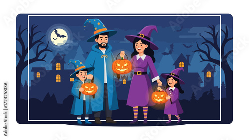 Magical Halloween Night: A family, dressed as wizards and witches, strolls through a whimsical Halloween night, illuminating their path with glowing Jack o'Lanterns, in a world filled with fantasy.