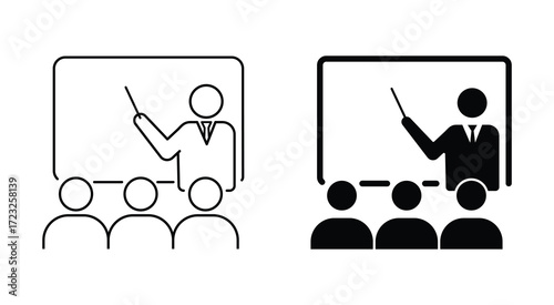 Education and learning solid or line icon set. seminar classroom training, team discussion, icon. 