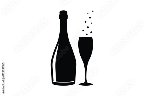 champagne bottle tilted with bubbles rising silhouette