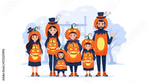 Halloween Pumpkin Family Portrait: A cartoon illustration captures the essence of Halloween with a family dressed in charming pumpkin costumes standing proudly, a playful and festive tableau.