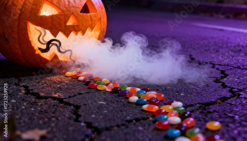 Scary jack o lantern with smoke coming out of mouth and candy on the ground at night