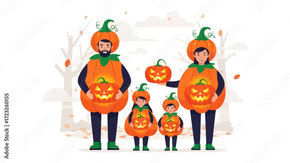 Fototapeta premium Family's Halloween: Festive Family Wearing Pumpkin Costumes and ready for a spooky Halloween. Celebrate seasonal traditions.