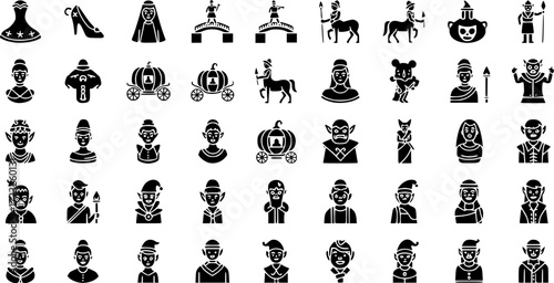 set of 100 glyph fairy tale web icons. filled icons such as cinderella shoe,drawbridge,centaur,cinderella carriage,ogre,zombie,hero,elf. vector