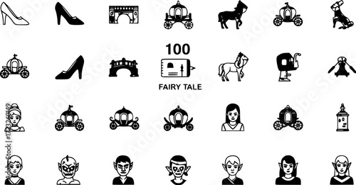 set of 100 glyph fairy tale web icons. filled icons such as cinderella shoe,drawbridge,centaur,cinderella carriage,ogre,zombie,hero,elf. vector