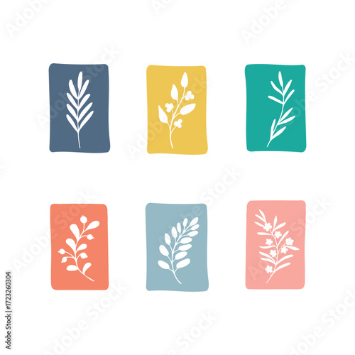 Silhouettes of various leaves, plants on colorful backgrounds. Natural, eco tags. Doodle elements
