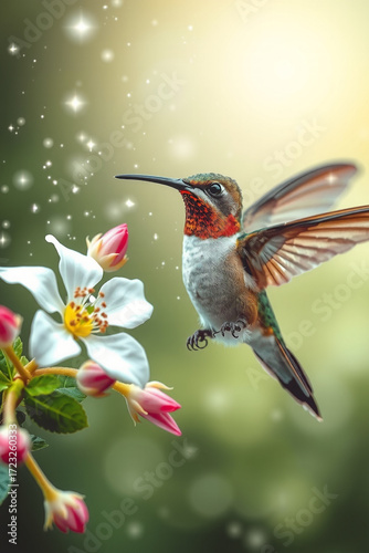 A hummingbird feeding on stardust blossoms