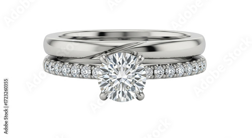 Isolated Two Wedding Rings with Center Round Diamond Set in Platinum or White Gold Metal