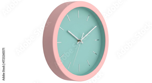 Isolated aqua face analog wall clock with pink frame displaying hours and minutes accurately
