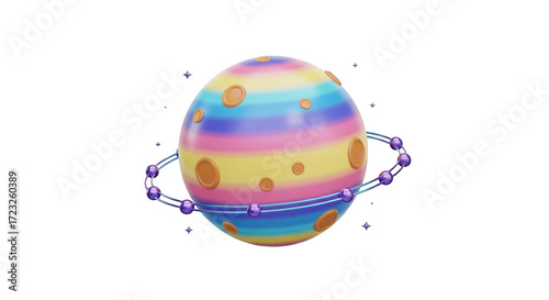 Isolated Colorful Planet with Ring of Spheres - Celestial Body with Rainbow Stripes Design