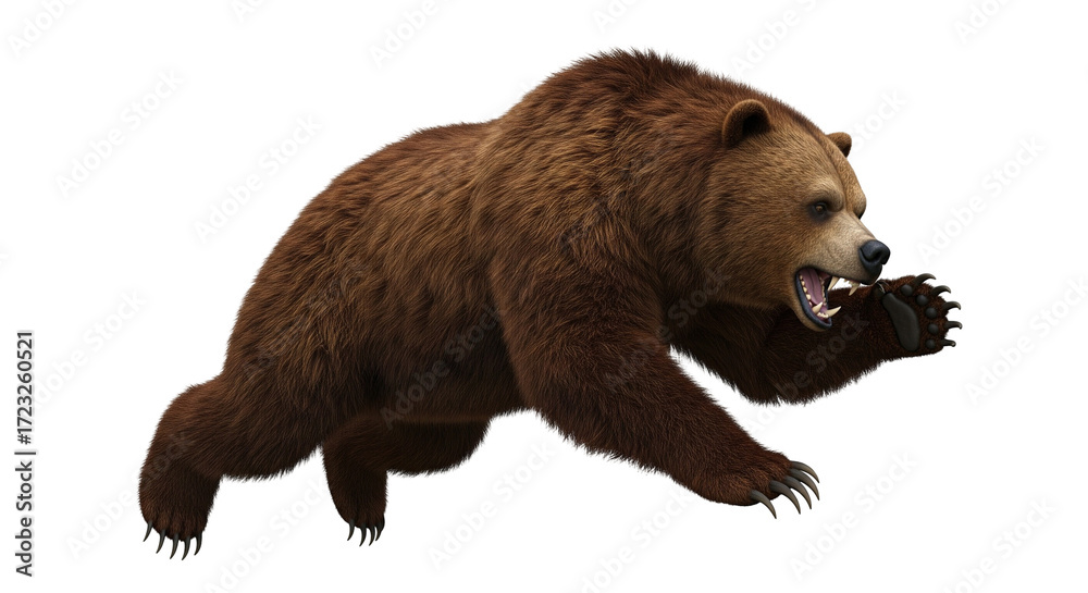 Fototapeta premium Isolated Brown Bear Running Forward Aggressively Showing Its Teeth and Claws To Attack