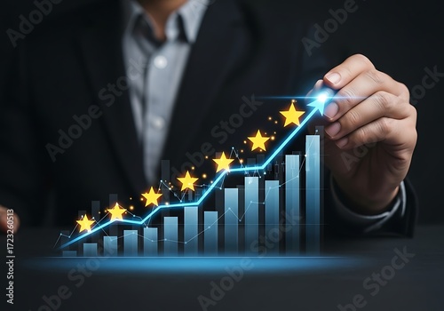 Hand drawing a rising bar graph with stars and upward trend