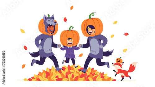 Spirited Halloween Revelry: A lively illustration showcases two adults and a child, all playfully clad in Halloween costumes, leaping with boundless joy amidst a pile of colorful fallen leaves.