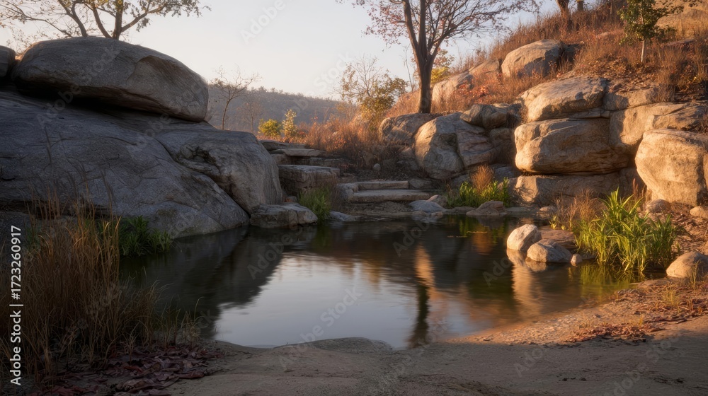 Fototapeta premium Tranquil Oasis: Desert Landscape with Rocks, Water, and Golden Light