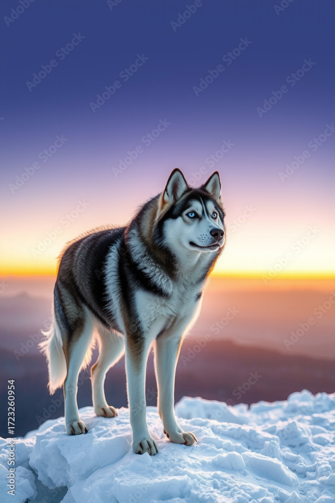 Fototapeta premium A husky standing at dawn atop a frost peak