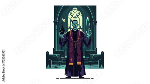 Eerie Cleric: In the somber ambiance of a church, a mysterious figure stands as a zombie cleric, an eerie portrayal of the undead intertwined with faith and the supernatural.