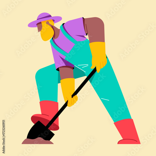 A farmer working in the field while using a shovel for farming tasks.