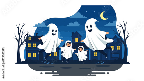 Halloween Night Specter: A whimsical Halloween illustration depicts spectral figures. Dancing in the night, under the light of a moon.