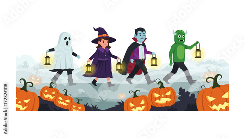Halloween Parade: A spirited procession of costumed characters, including a friendly ghost, a whimsical witch, a charming vampire, and a mischievous green monster.