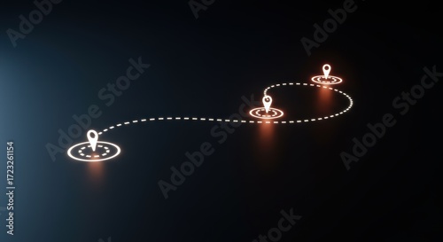 Glowing Map Route: Three Location Pins Connected by a Dashed Line Path on Dark Background