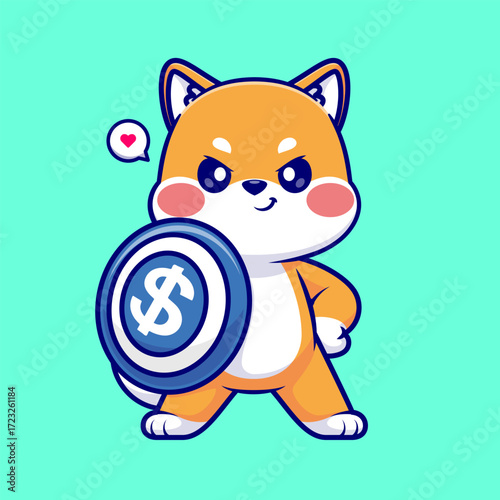 Cute Shiba Inu Dog Holding Shield Money Cartoon