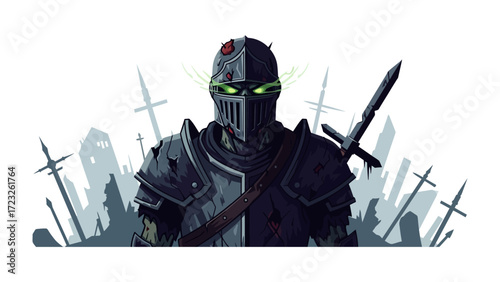 Undead Knight: A valiant but doomed armored knight stands in a haunting graveyard scene, exuding an aura of both courage and ominous determination.