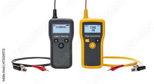 Professional electronic wire testing equipment, a signal tracer and tone generator with alligator clips isolated on a white background