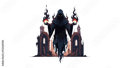 Mysterious Dark Sorcerer: A shadowy figure, enveloped in a dark cloak and a shrouded hood, holds two burning orbs of ethereal flames in a dark realm.