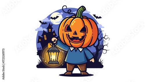 Spooky Pumpkin Character with Lantern: An adorable cartoon character, adorned with a pumpkin head, joyfully carries a vintage lantern as it stands before a haunted house.
