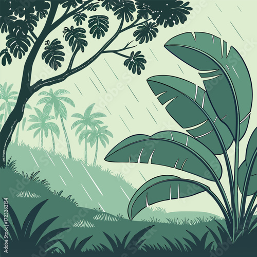 Vibrant tropical jungle scene with gentle rainfall and glistening leaves evoking a lush and serene natural environment