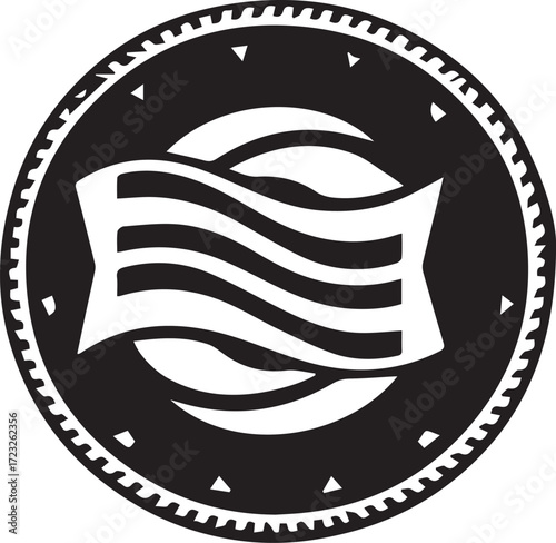 Bold black and white graphic illustration of a patriotic symbol. Features a striped banner on a globe inside a circular insignia, a classic vector icon