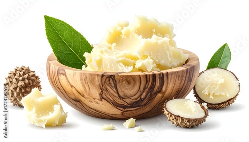 Creamy shea butter in a wooden bowl with leaves and nuts